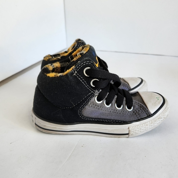 Converse Kids Black Gray Hi Top Sneakers Shoes Yellow Plaid Skater School 11 - Picture 7 of 13
